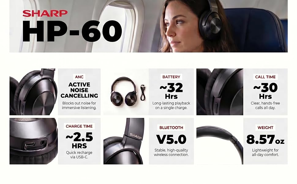 Sharp HP-60 Over-Ear Wireless Headphones with Active Noise Cancellation & 20-Hour Battery Life