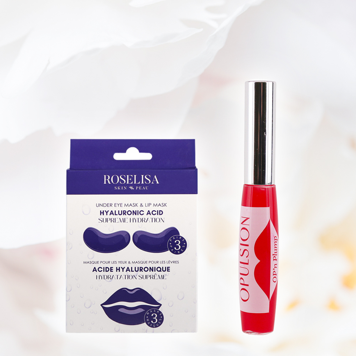 Coffret beauté Roselisa — masques yeux/lèvres et brillant OP’n Plump