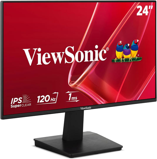 ViewSonic Moniteur ergonomique 24 pouces 1080p 120Hz avec taux de rafraîchissement variable, HDMI et VGA.