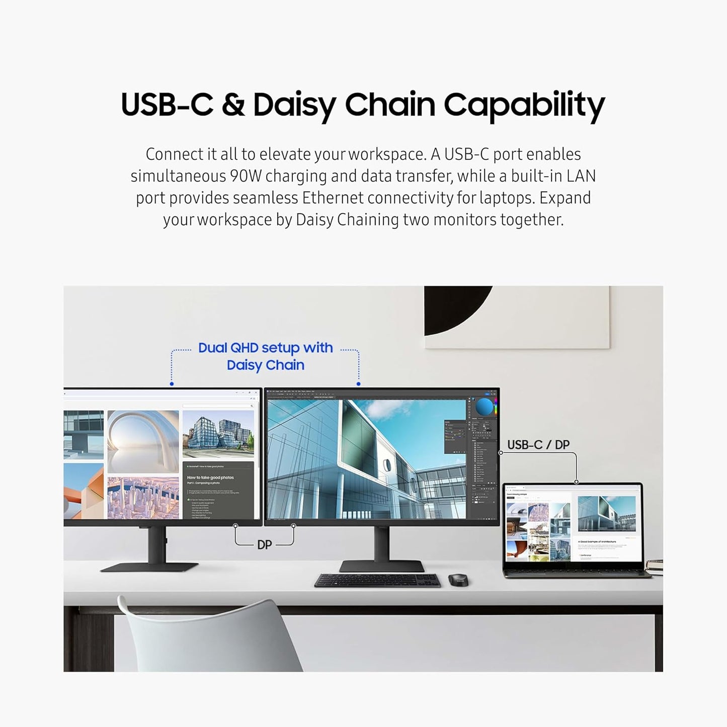 Samsung ViewFinity LS24D606UANXZA Moniteur professionnel QHD de 24 po avec taux de rafraîchissement de 100 Hz, HDR 10, design ergonomique, prise en charge USB-C, LAN et Daisy Chain