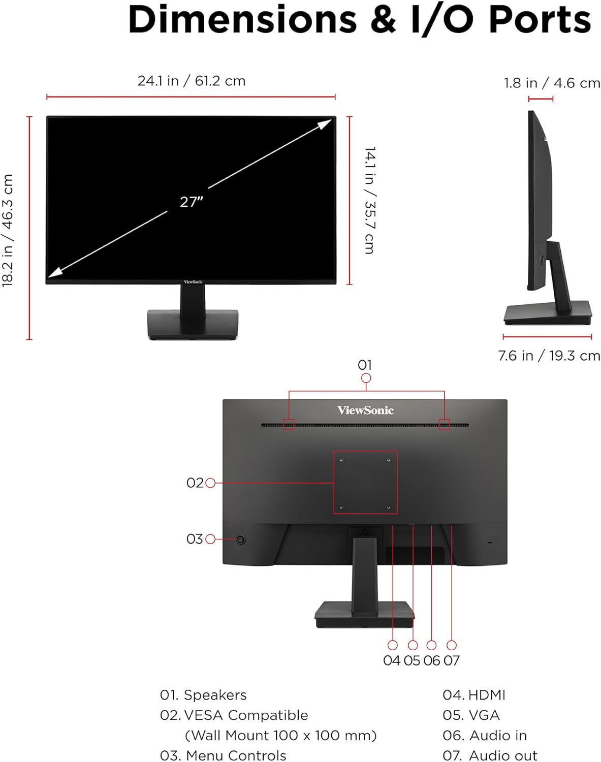 ViewSonic Moniteur ergonomique 27 pouces 1080p 120Hz avec taux de rafraîchissement variable, HDMI et VGA.