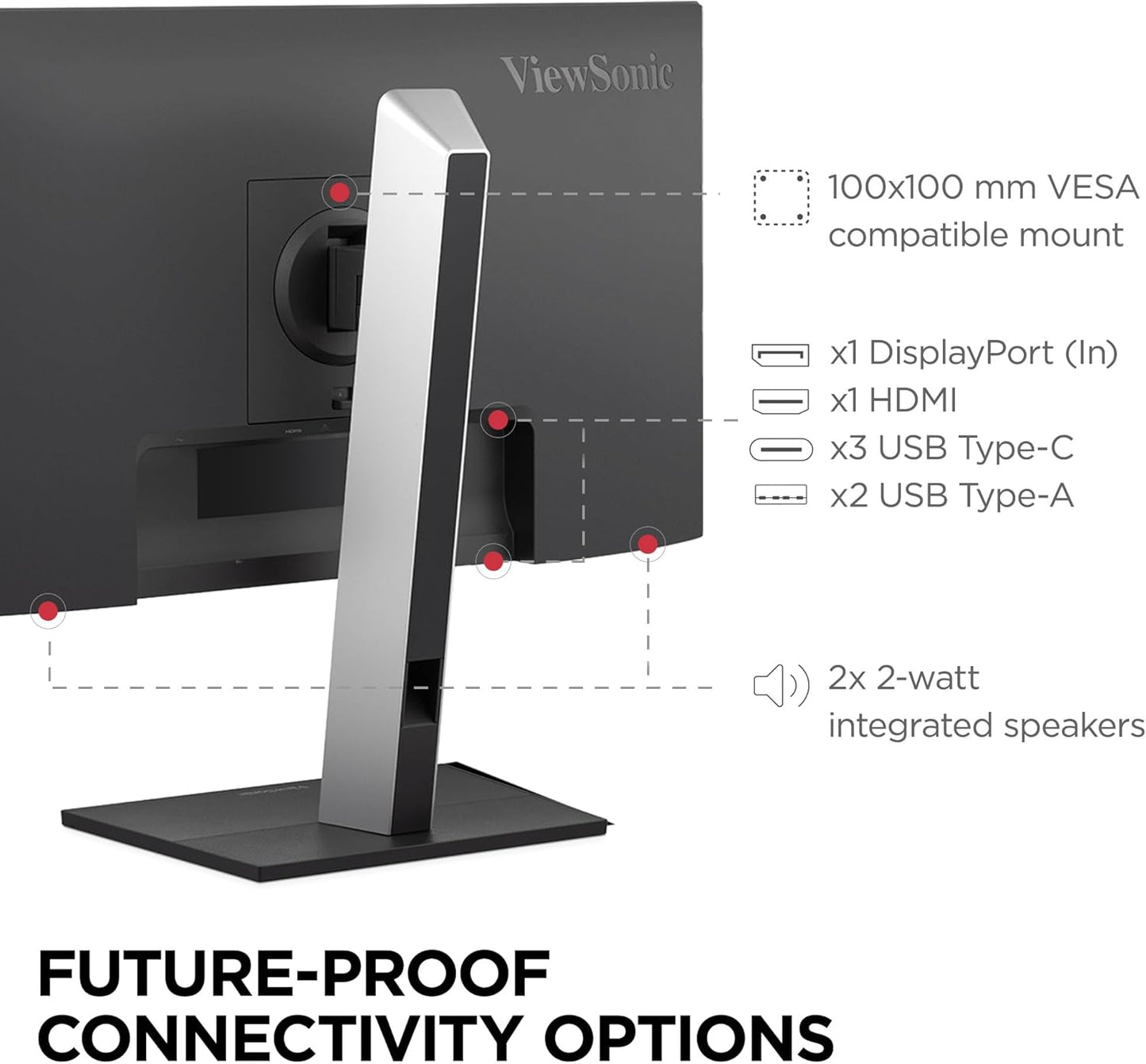 ViewSonic VG2752-2K Moniteur ergonomique IPS 1440p 27" avec inclinaison, pivotant, pivot, réglage de la hauteur, 100 Hz, concentrateur USB 5 ports, HDMI, DisplayPort, et entrées USB C 65 W