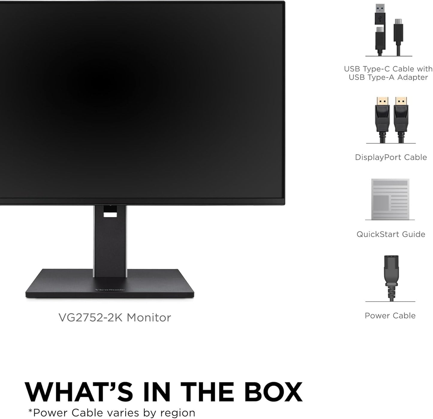 ViewSonic VG2752-2K Moniteur ergonomique IPS 1440p 27" avec inclinaison, pivotant, pivot, réglage de la hauteur, 100 Hz, concentrateur USB 5 ports, HDMI, DisplayPort, et entrées USB C 65 W